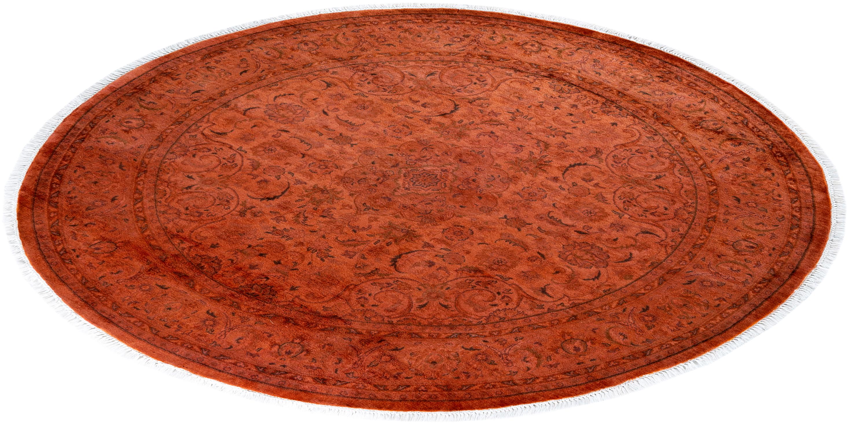 Zeitgenössische Overdyed handgeknüpfte Wolle Orange runden Bereich Teppich 5' 7