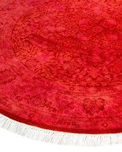 Contemporary Overdyed Hand Knotted Wool Orange Round Area Rug