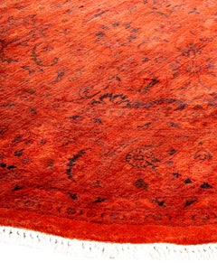 Contemporary Overdyed Hand Knotted Wool Orange Round Area Rug