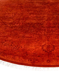 Contemporary Overdyed Hand Knotted Wool Orange Round Area Rug