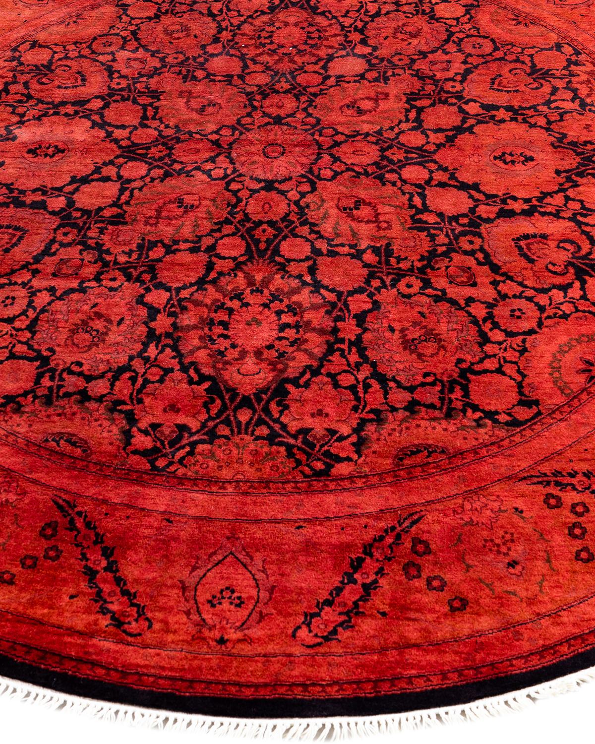 Contemporary Overdyed Hand Knotted Wool Orange Round Area Rug In New Condition For Sale In Norwalk, CT