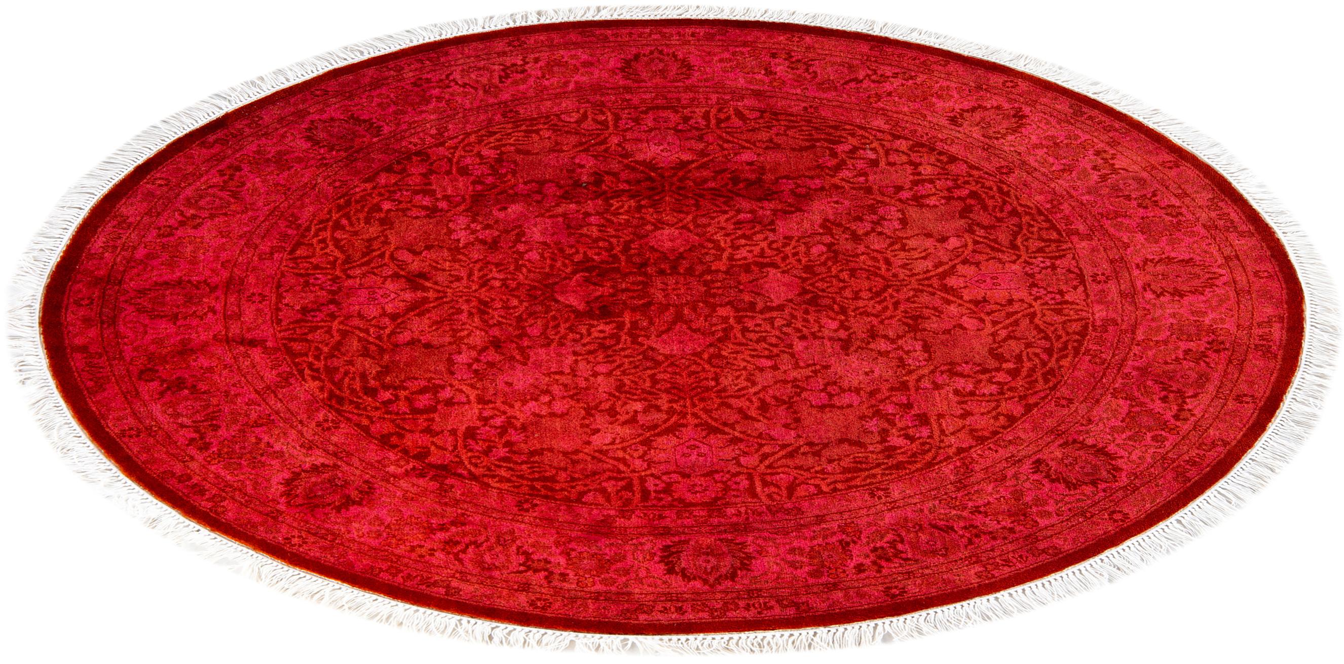 Contemporary Overdyed Hand Knotted Wool Orange Round Area Rug For Sale 4