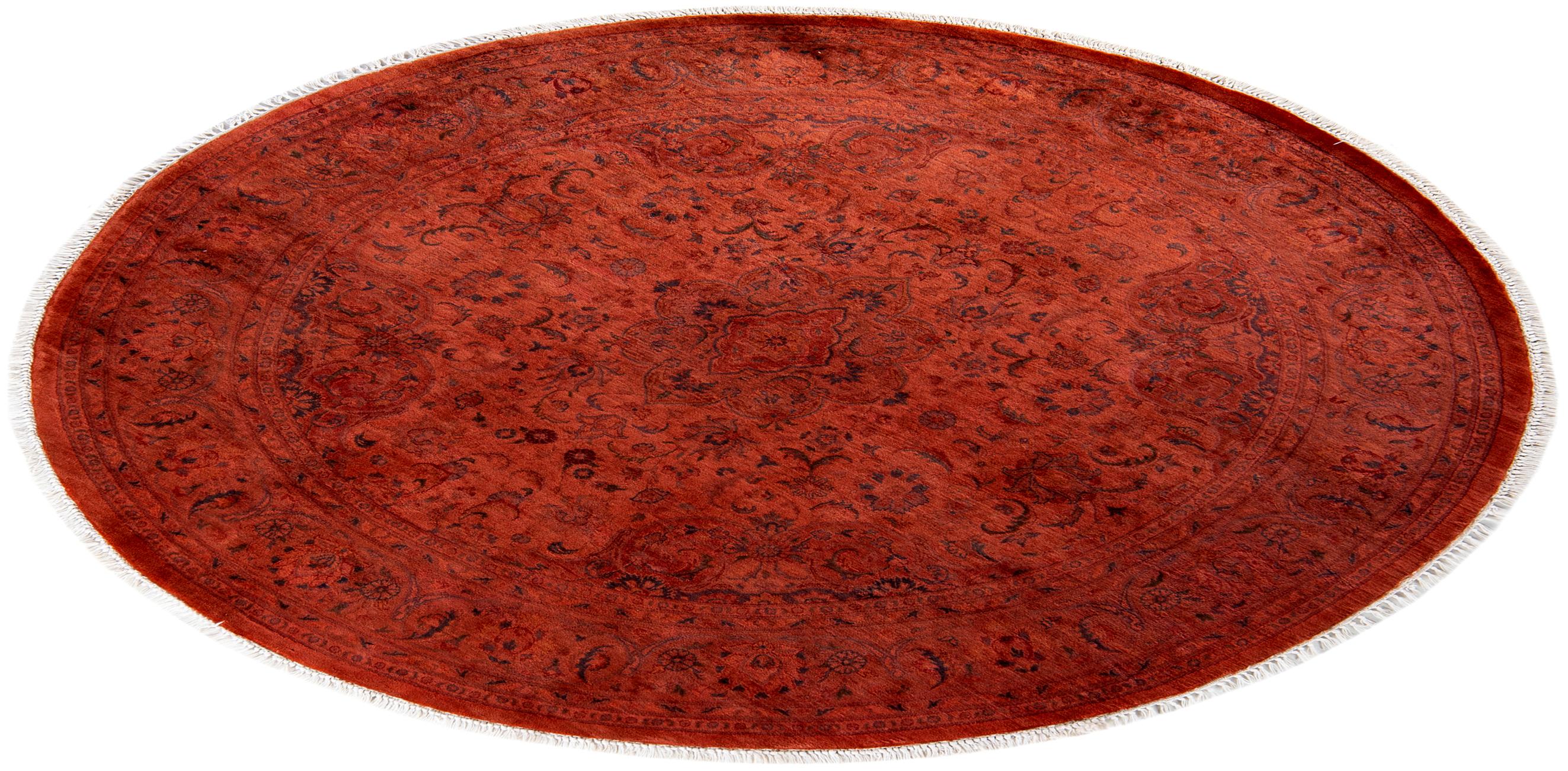 Contemporary Overdyed Hand Knotted Wool Orange Round Area Rug For Sale 4