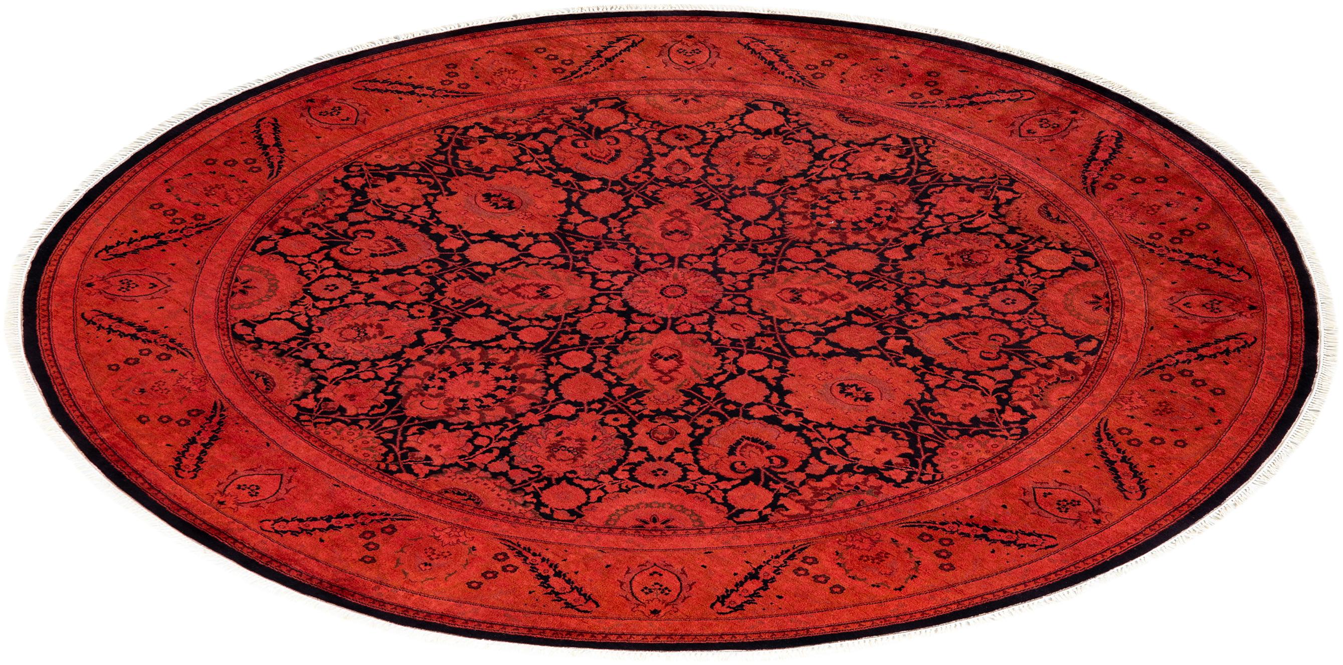 Contemporary Overdyed Hand Knotted Wool Orange Round Area Rug im Angebot 2