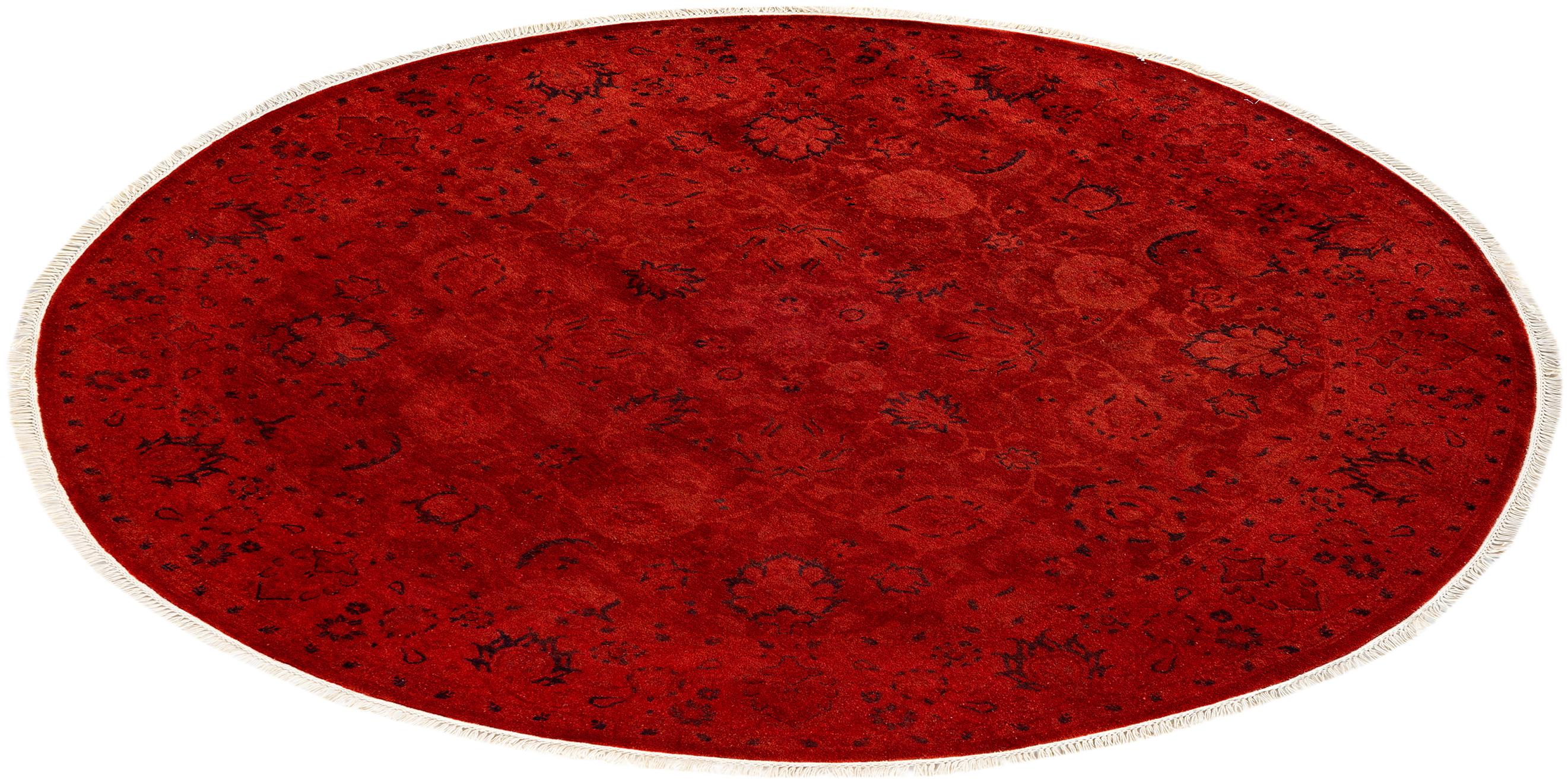 Contemporary Overdyed Hand Knotted Wool Orange Round Area Rug For Sale 4