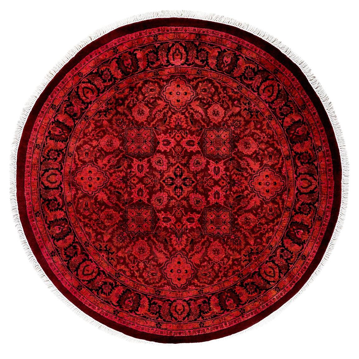 Contemporary Overdyed Hand Knotted Wool Orange Round Area Rug For Sale