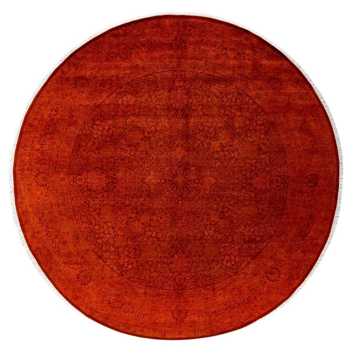 Contemporary Overdyed Hand Knotted Wool Orange Round Area Rug