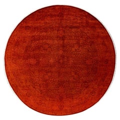 Contemporary Overdyed Hand Knotted Wool Orange Round Area Rug