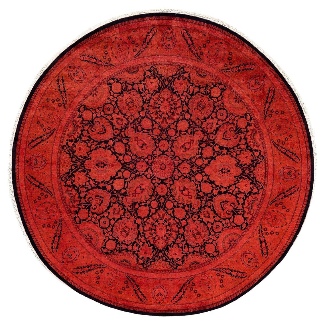 Contemporary Overdyed Hand Knotted Wool Orange Round Area Rug For Sale