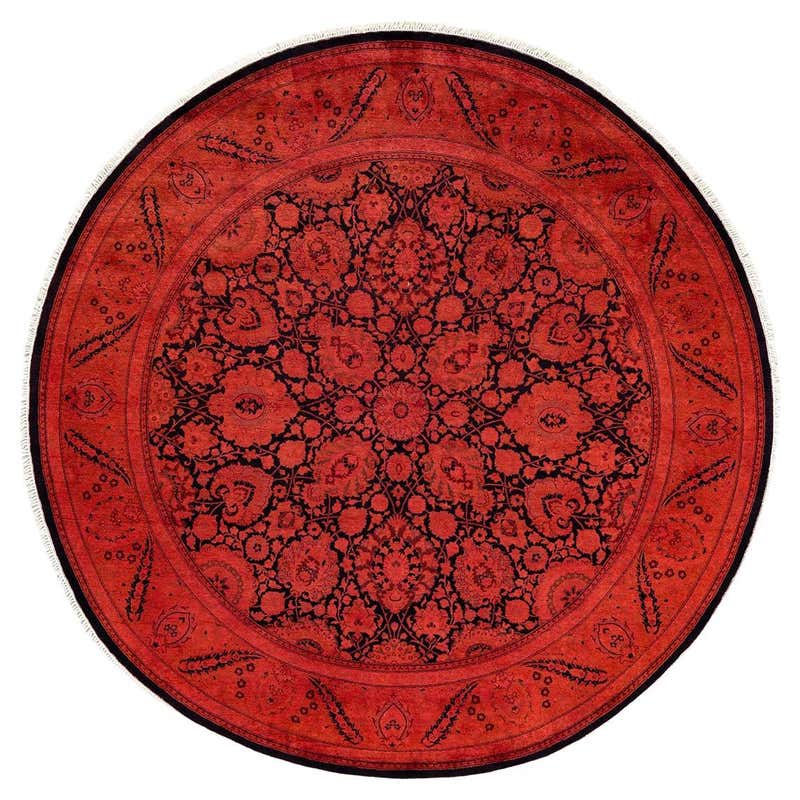 Contemporary Overdyed Hand Knotted Wool Orange Round Area Rug For Sale ...