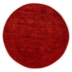 Contemporary Overdyed Hand Knotted Wool Orange Round Area Rug