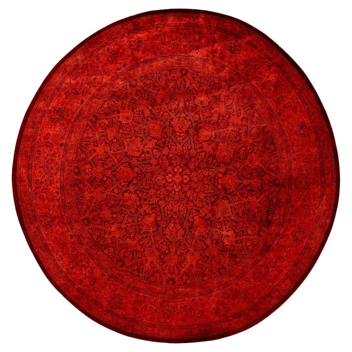 Contemporary Overdyed Hand Knotted Wool Orange Round Area Rug For Sale