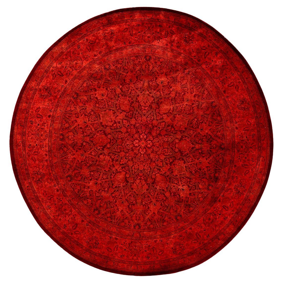 Contemporary Overdyed Hand Knotted Wool Orange Round Area Rug