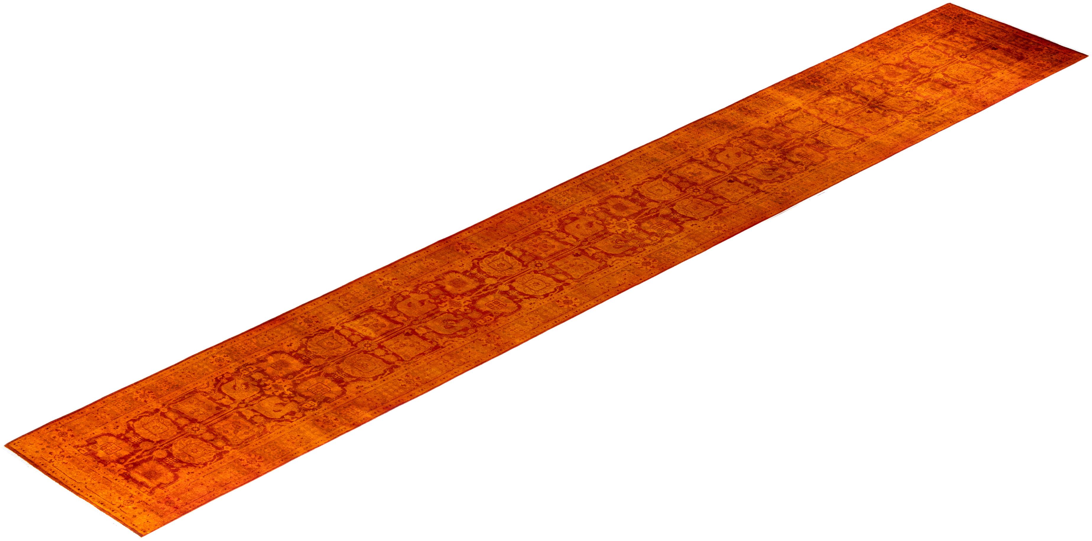 Contemporary Overdyed Hand Knotted Wool Orange Runner 2' 6