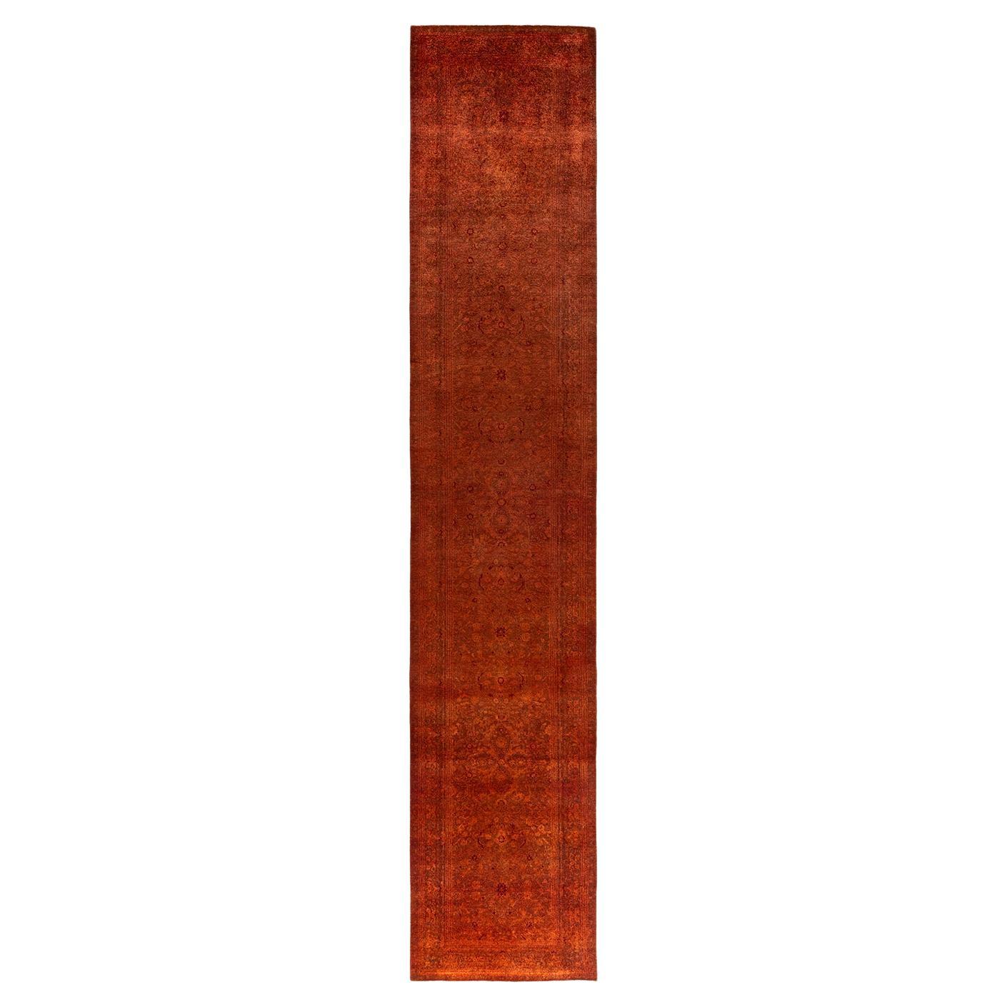 Contemporary Overdyed Hand Knotted Wool Orange Runner 2' 7" x 13' 9" im Angebot