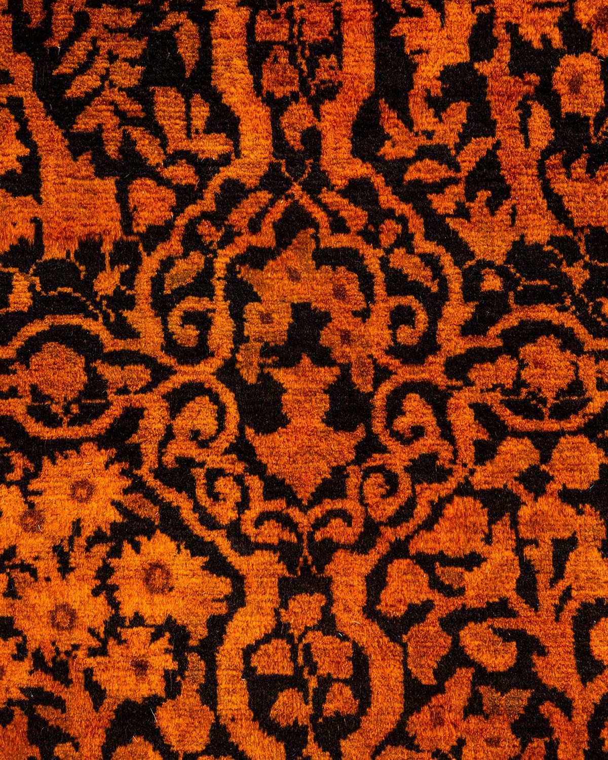 Pakistani Contemporary Overdyed Hand Knotted Wool Orange Runner For Sale
