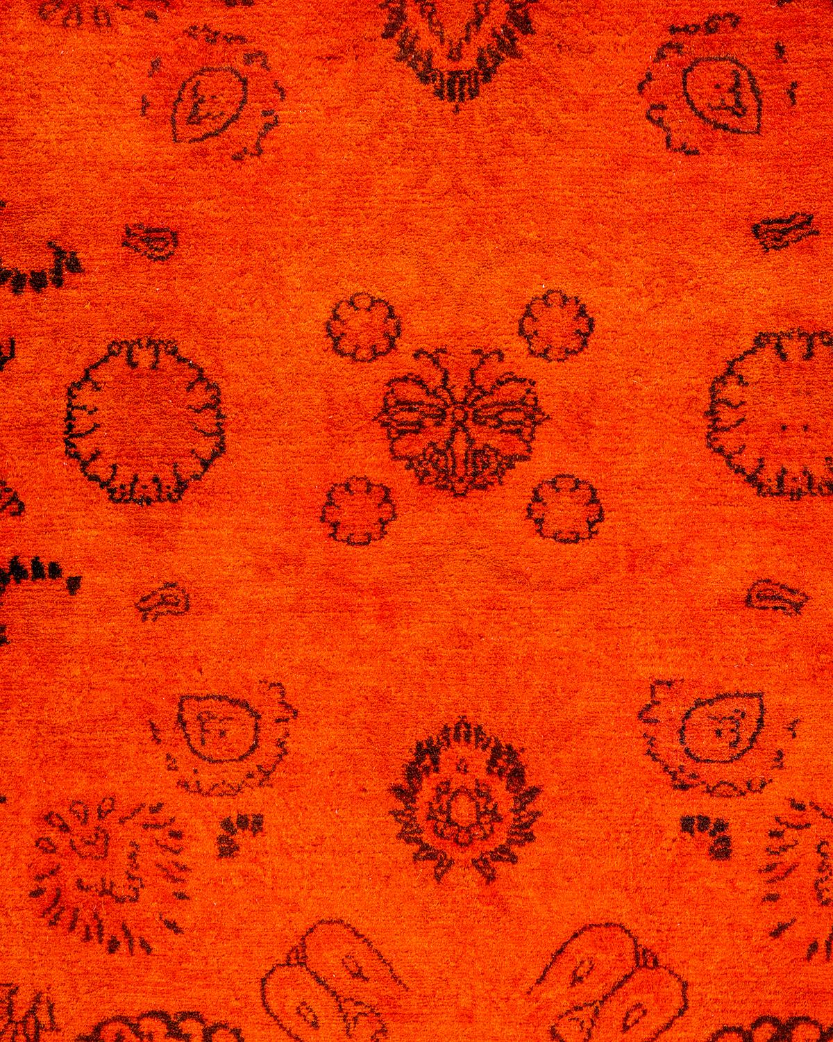 Pakistani Contemporary Overdyed Hand Knotted Wool Orange Runner For Sale