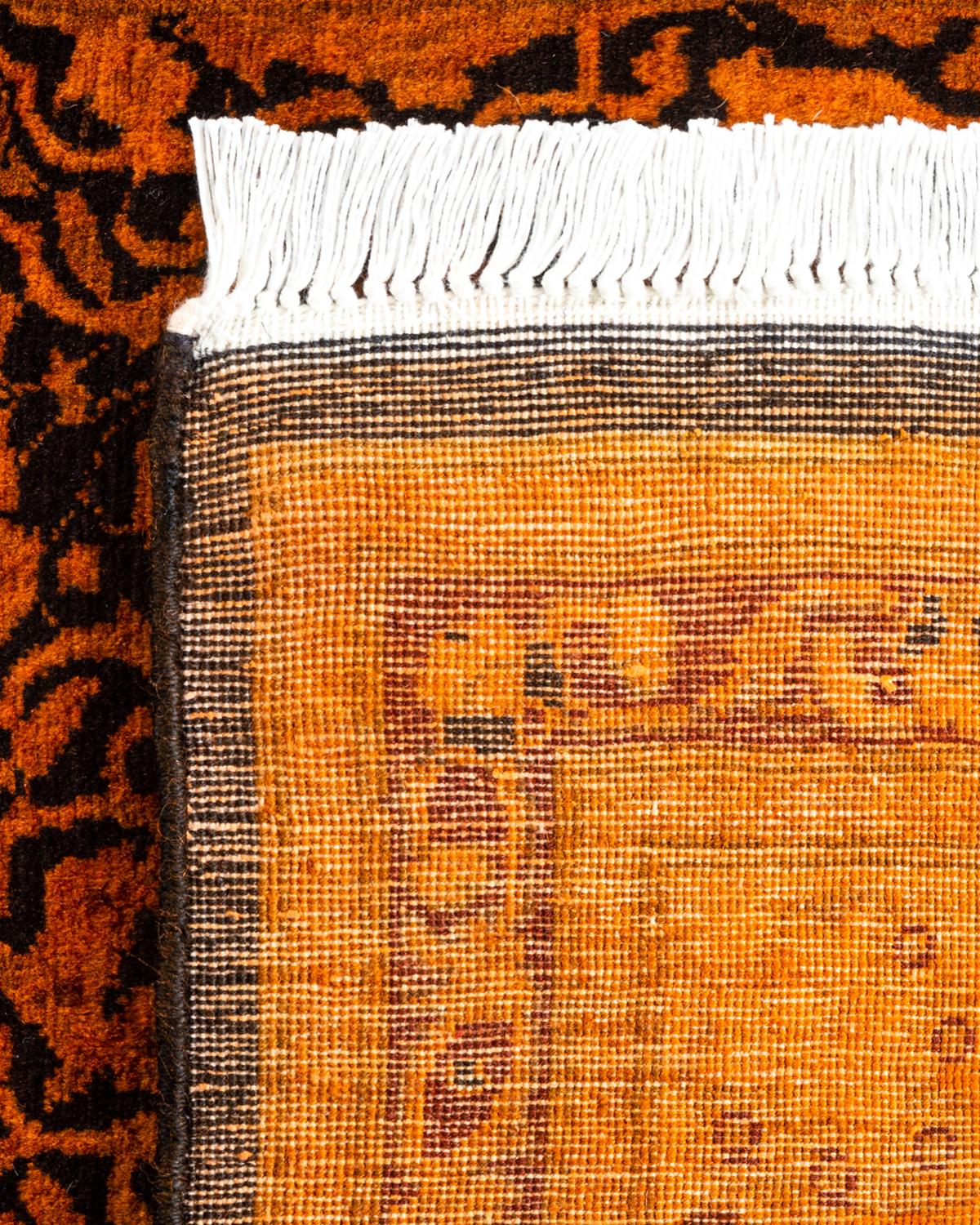 Contemporary Overdyed Hand Knotted Wool Orange Runner For Sale 1