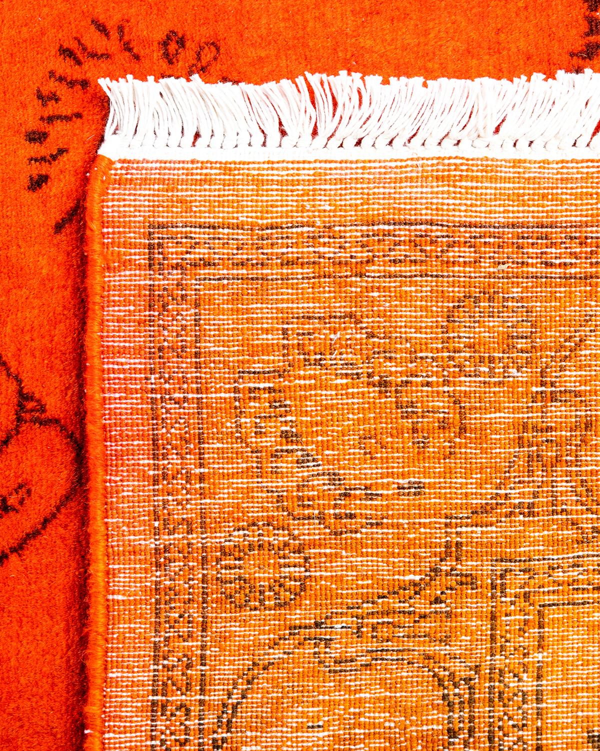 Contemporary Overdyed Hand Knotted Wool Orange Runner For Sale 1