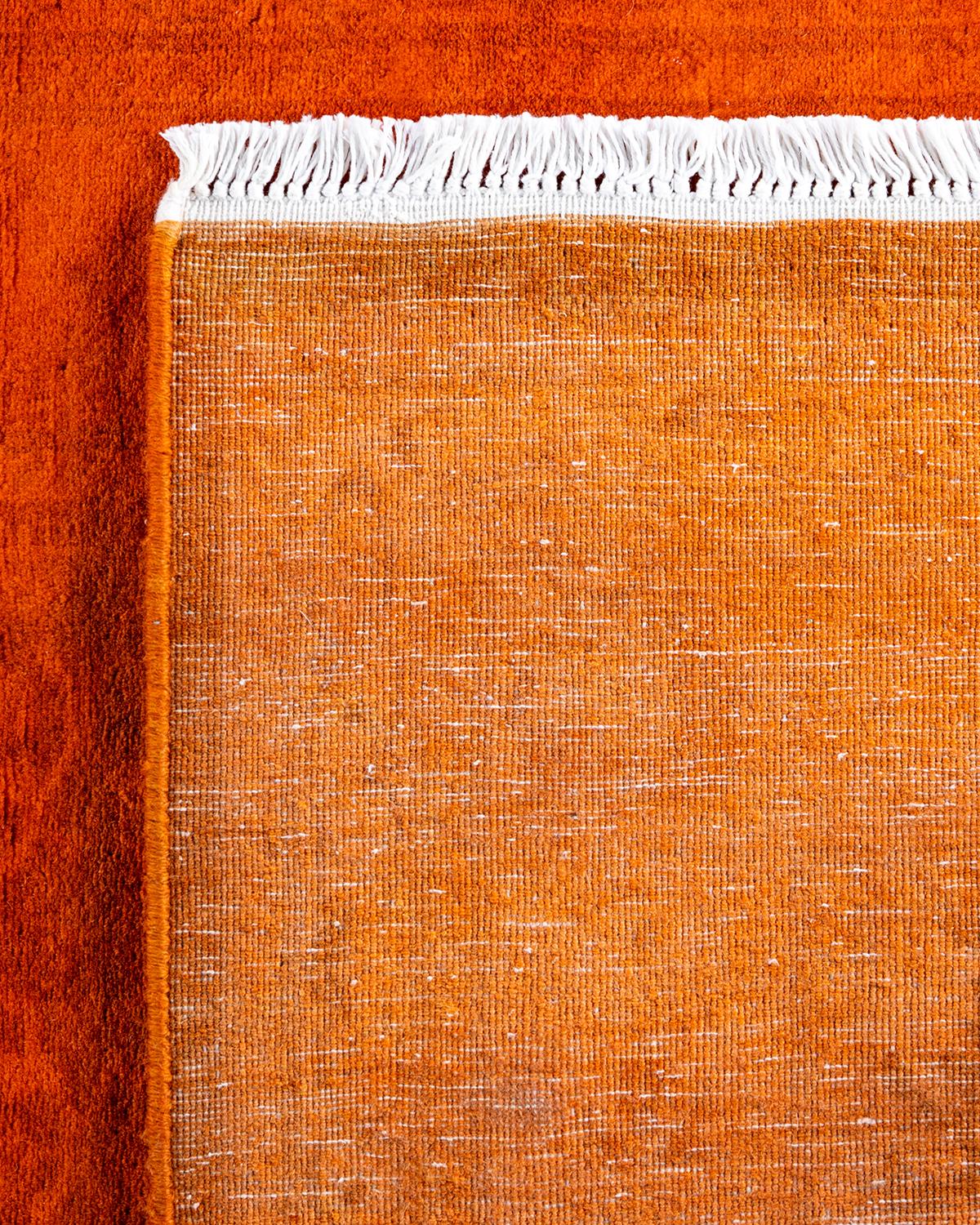 Contemporary Overdyed Hand Knotted Wool Orange Runner For Sale 1