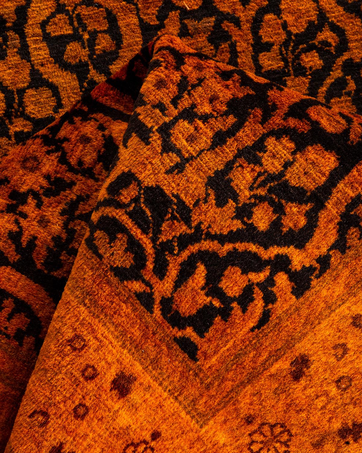 Contemporary Overdyed Hand Knotted Wool Orange Runner For Sale 2