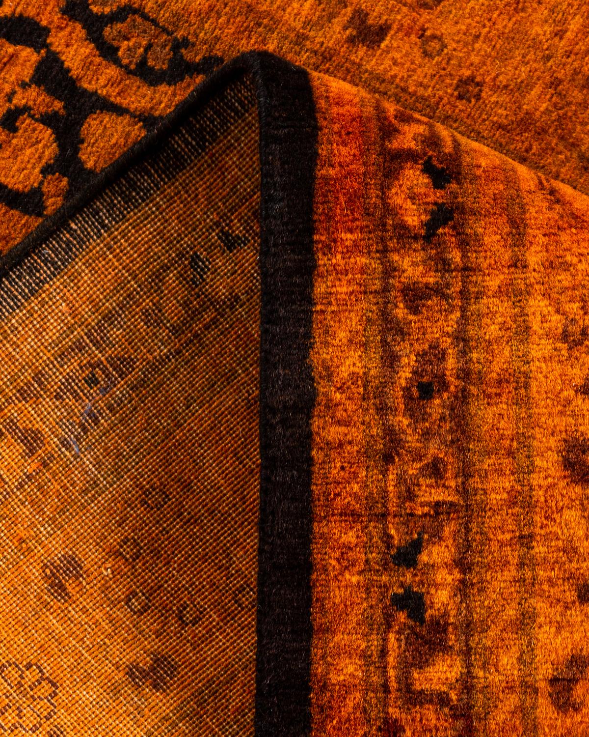 Contemporary Overdyed Hand Knotted Wool Orange Runner For Sale 3