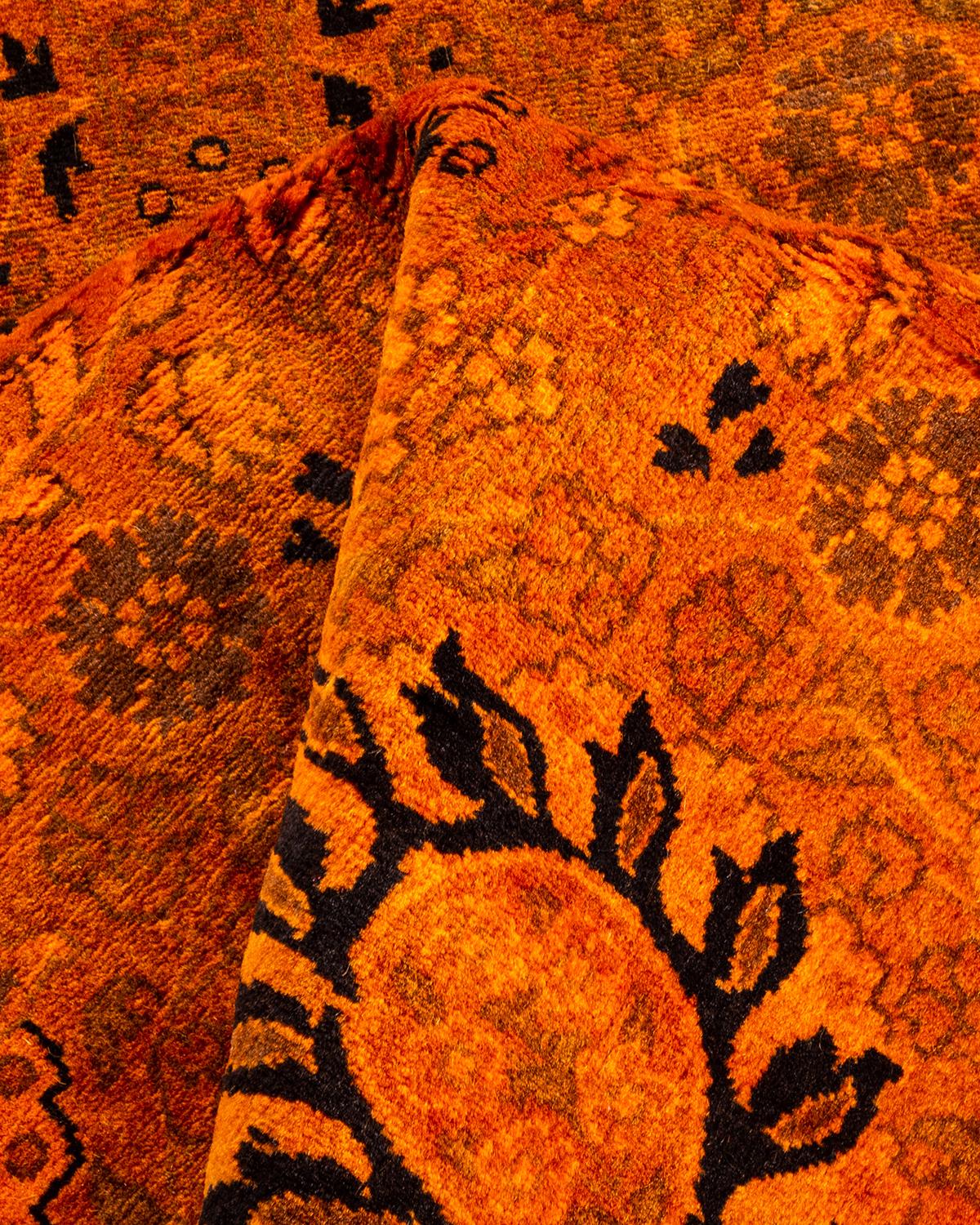 Contemporary Overdyed Hand Knotted Wool Orange Runner For Sale 3