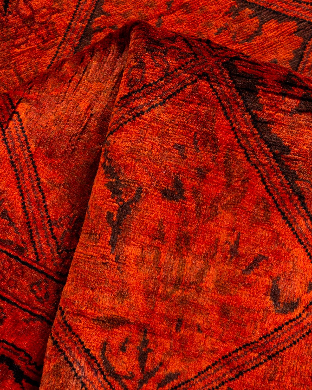 Contemporary Overdyed Hand Knotted Wool Orange Runner For Sale 3
