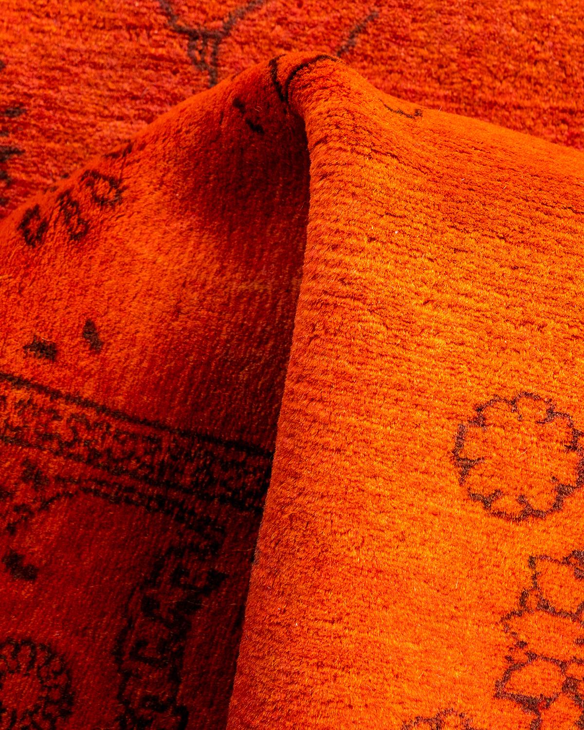 Contemporary Overdyed Hand Knotted Wool Orange Runner For Sale 3