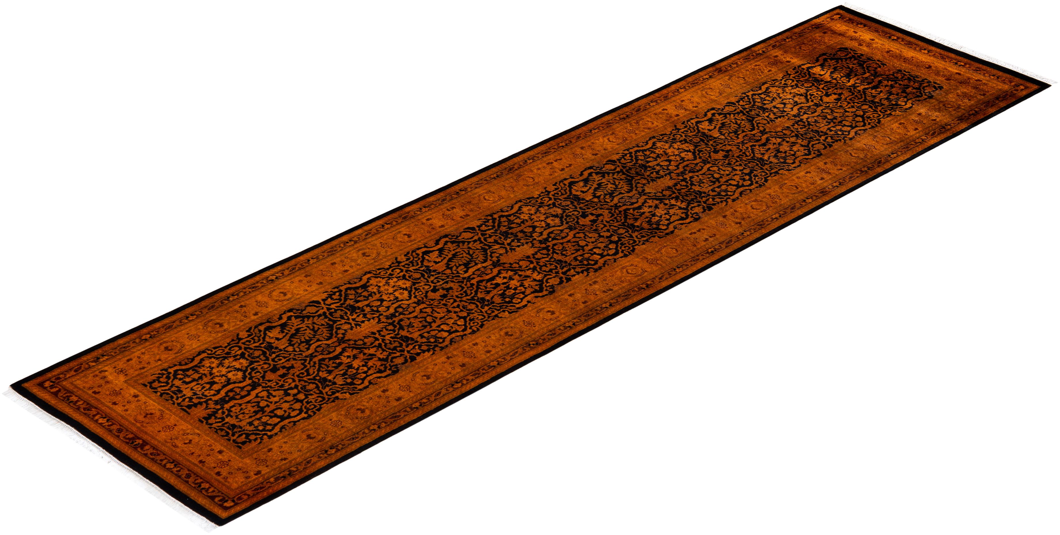 Contemporary Overdyed Hand Knotted Wool Orange Runner For Sale 4