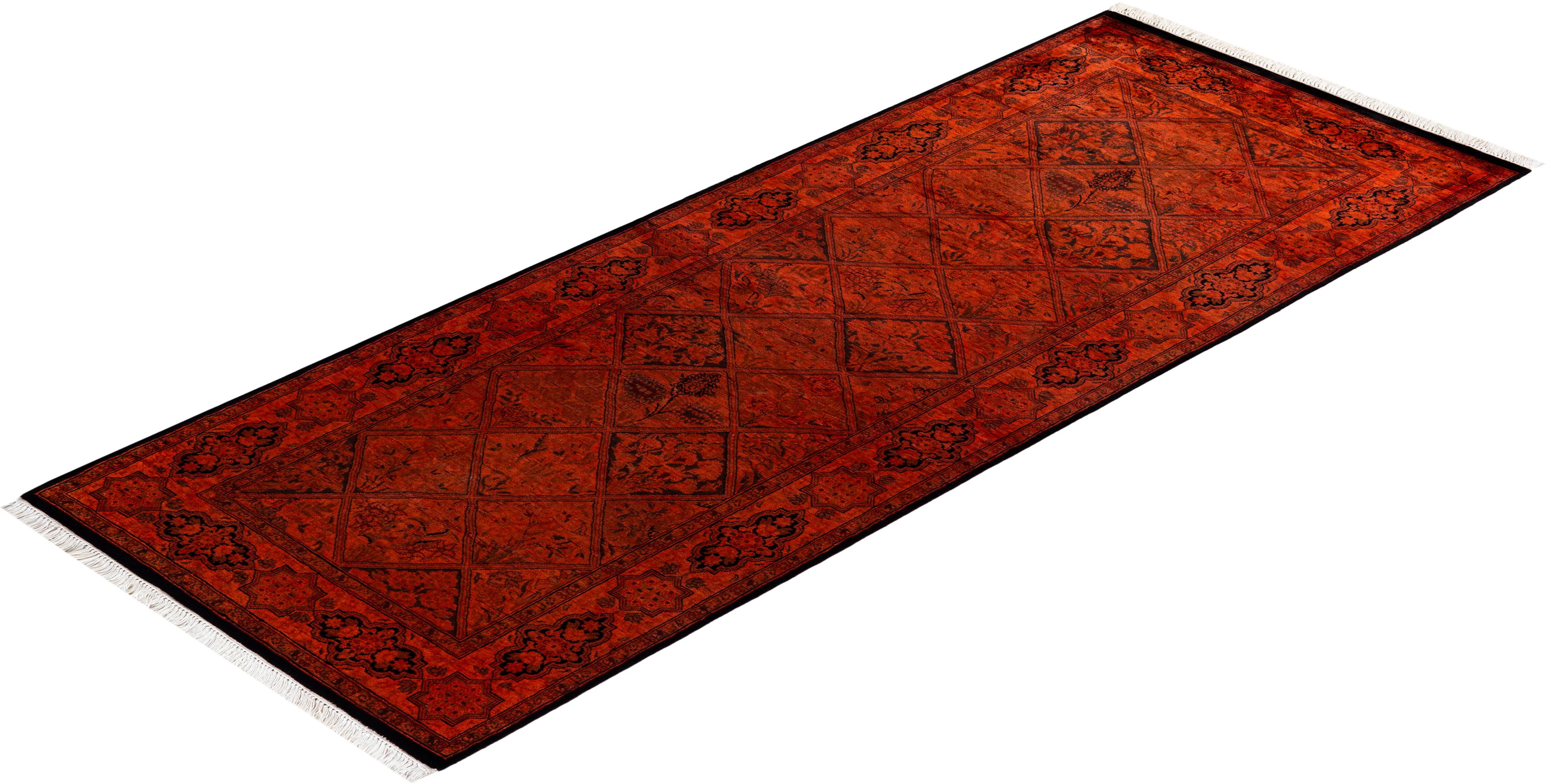 Contemporary Overdyed Hand Knotted Wool Orange Runner For Sale 4
