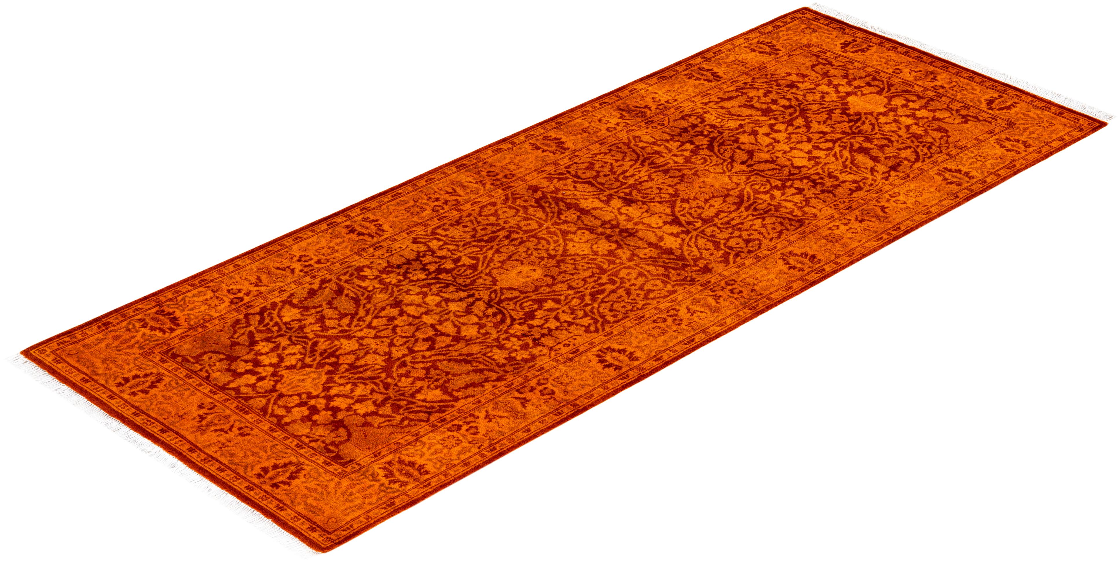 Contemporary Overdyed Hand Knotted Wool Orange Runner im Angebot 2