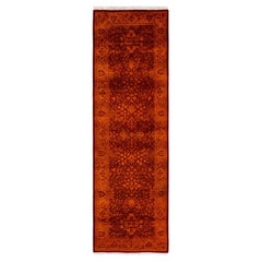 Contemporary Overdyed Hand Knotted Wool Orange Runner