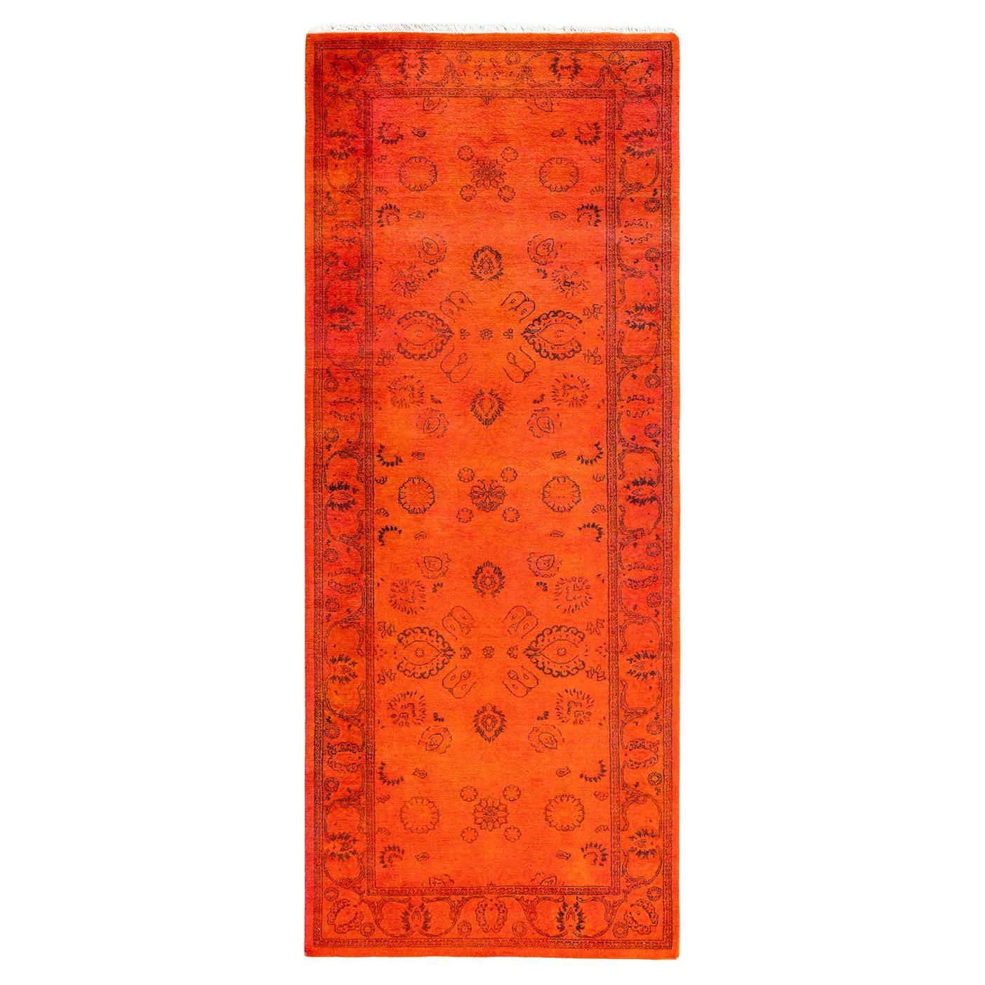 Contemporary Overdyed Hand Knotted Wool Orange Runner For Sale
