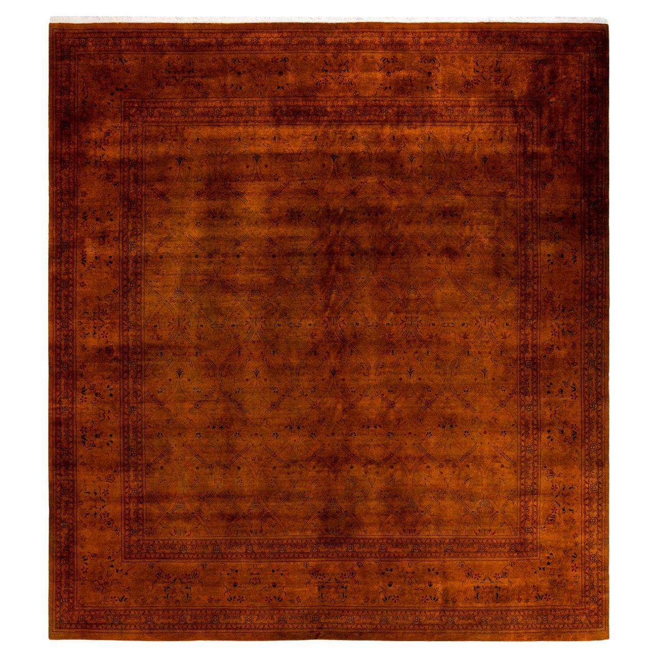 Contemporary Overdyed Hand Knotted Wool Orange Square Area Rug For Sale