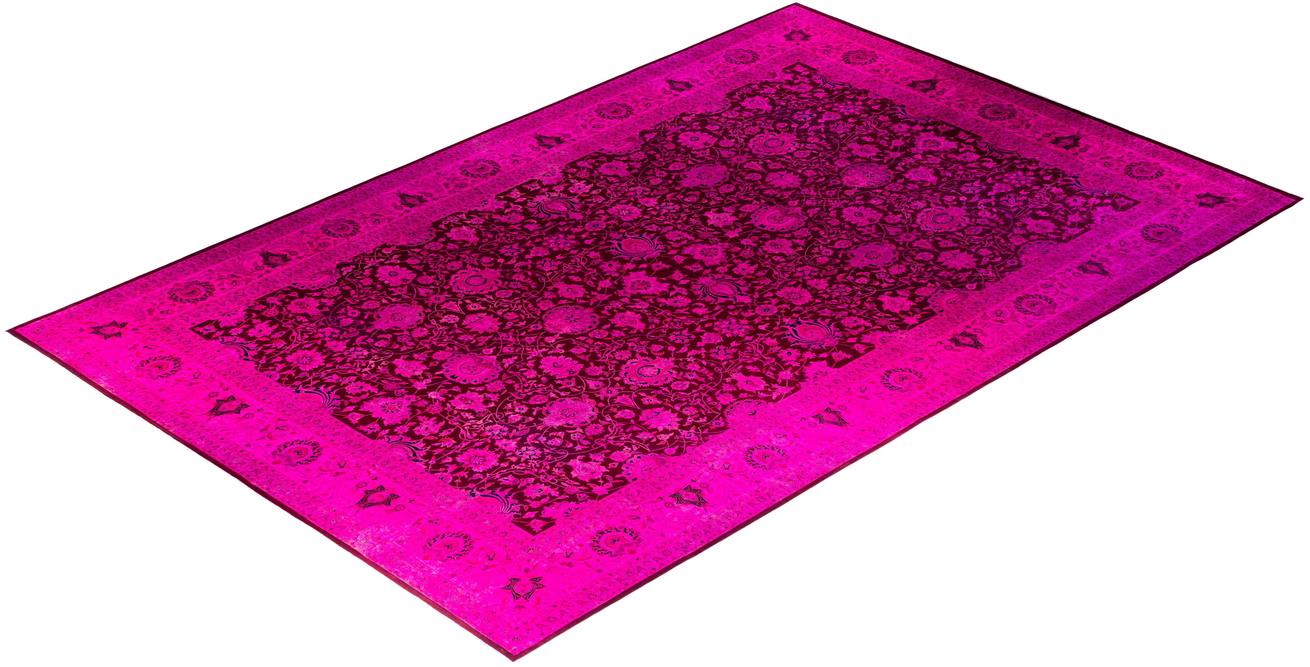 Contemporary Overdyed Hand Knotted Wool Pink Area Rug 12' 0