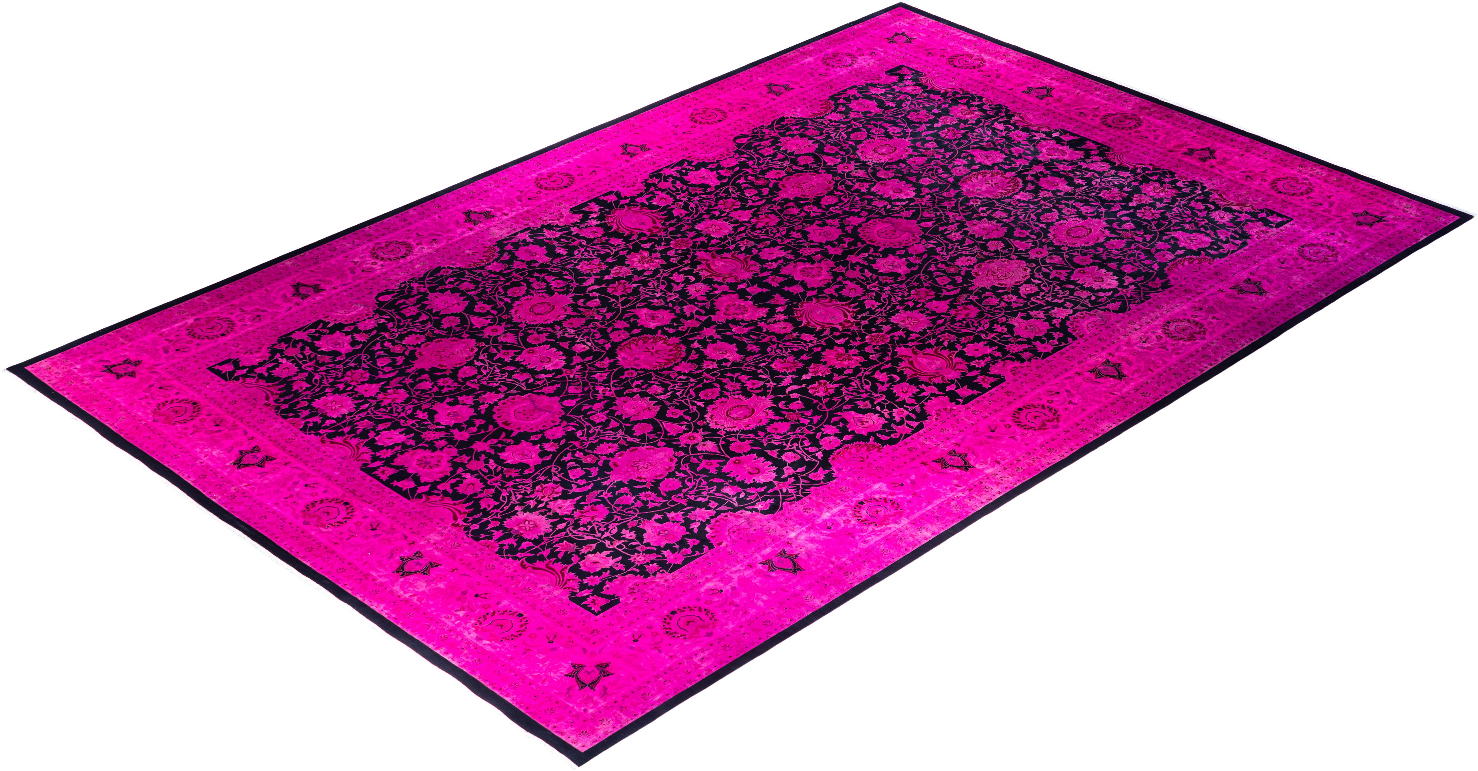 Contemporary Overdyed Hand Knots Rugs (Tappeto di lana rosa) 12' 2