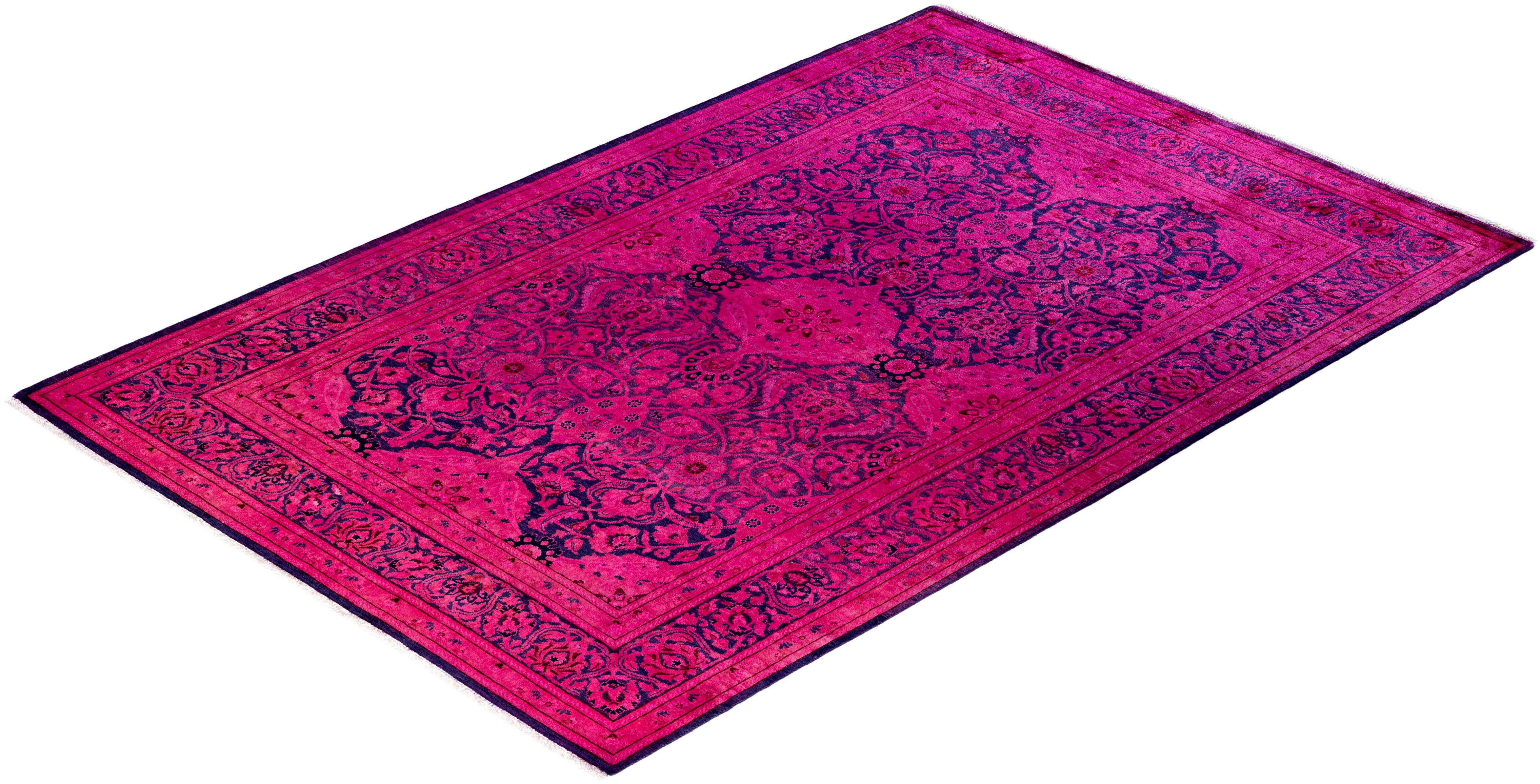 Contemporary Overdyed Hand Knotsted Wool Pink Area Rug 4' 2