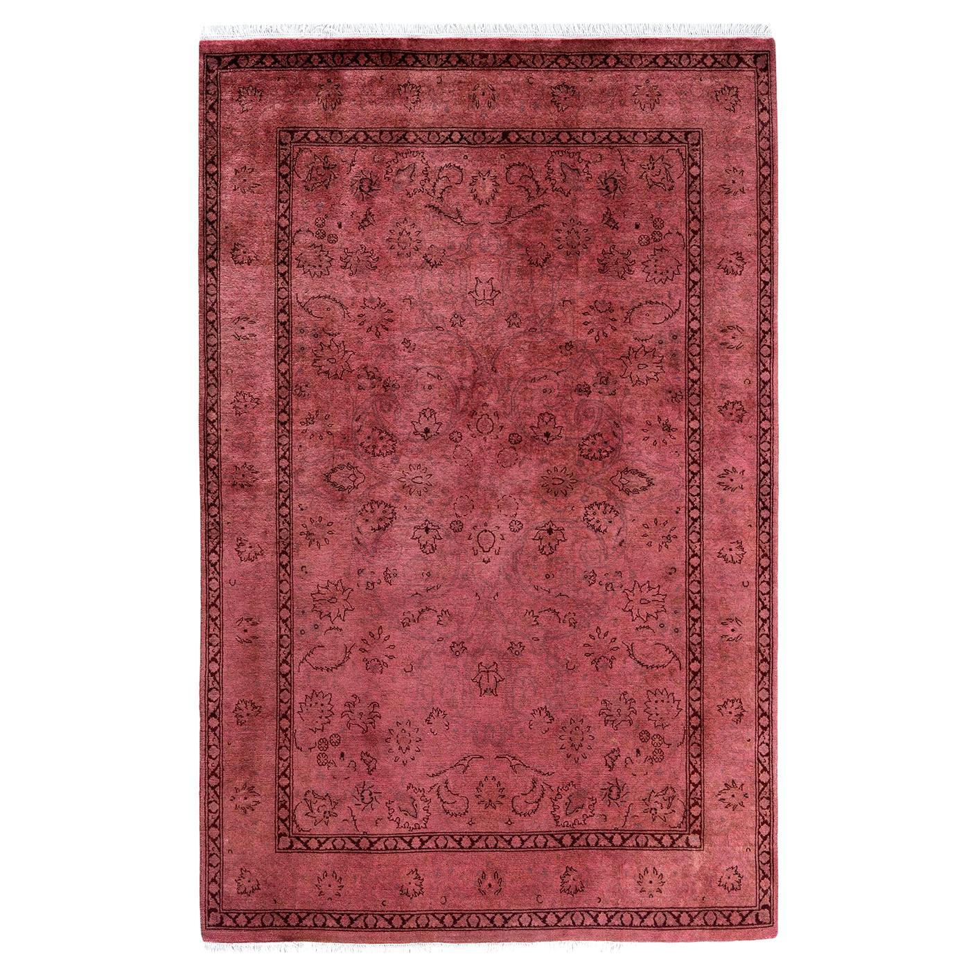 Contemporary Overdyed Hand Knotted Wool Pink Area Rug 4' 2" x 6' 5"