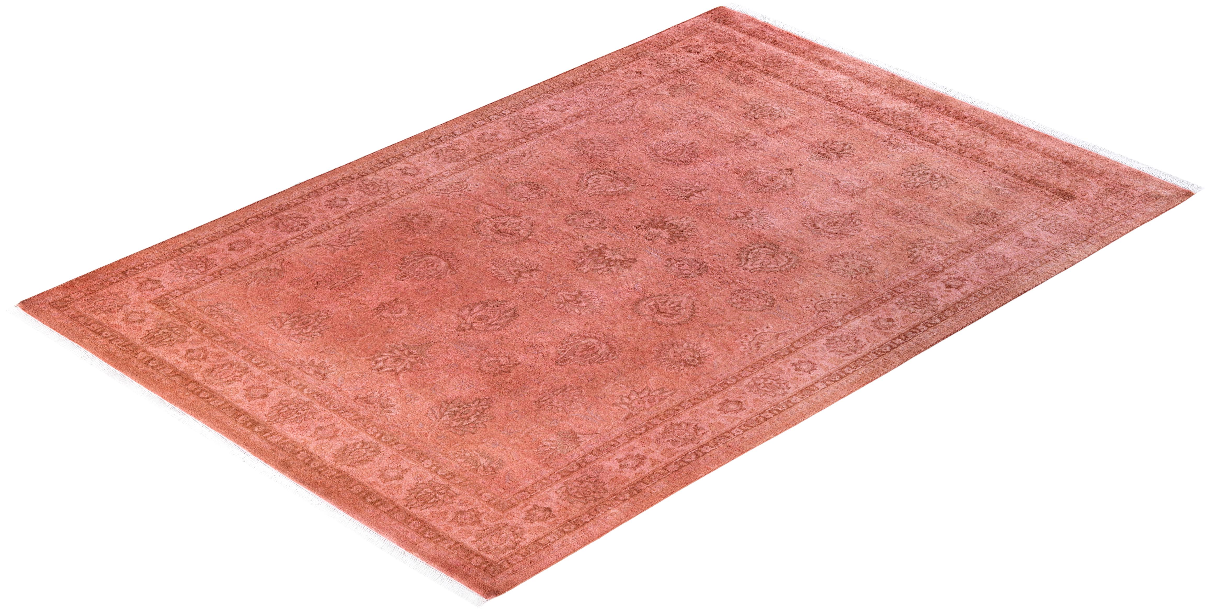 Contemporary Overdyed Hand Knotted Wool Pink Area Rug 4' 7