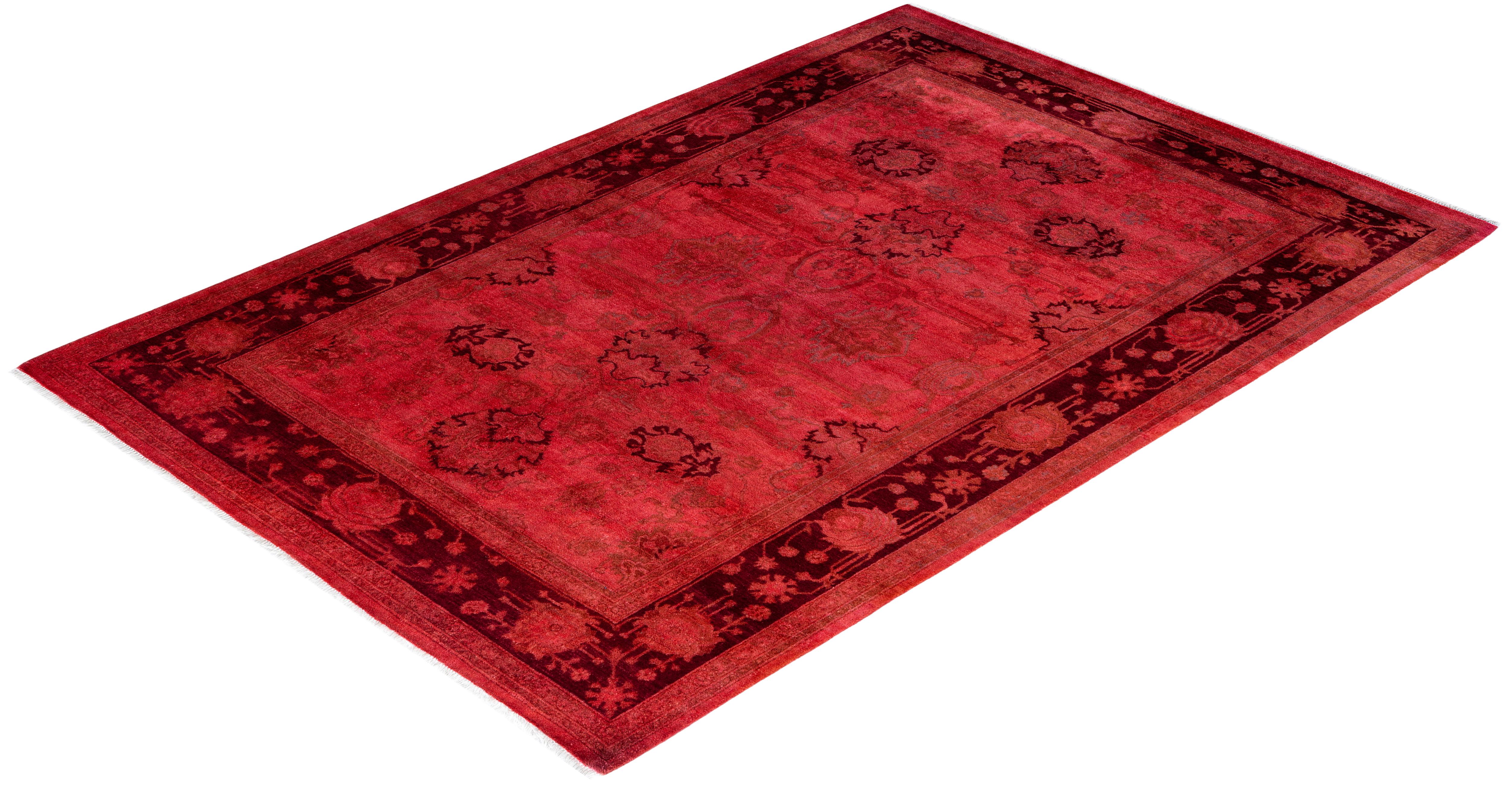 Contemporary Overdyed Hand Knotsted Wool Pink Area Rug 4' 8