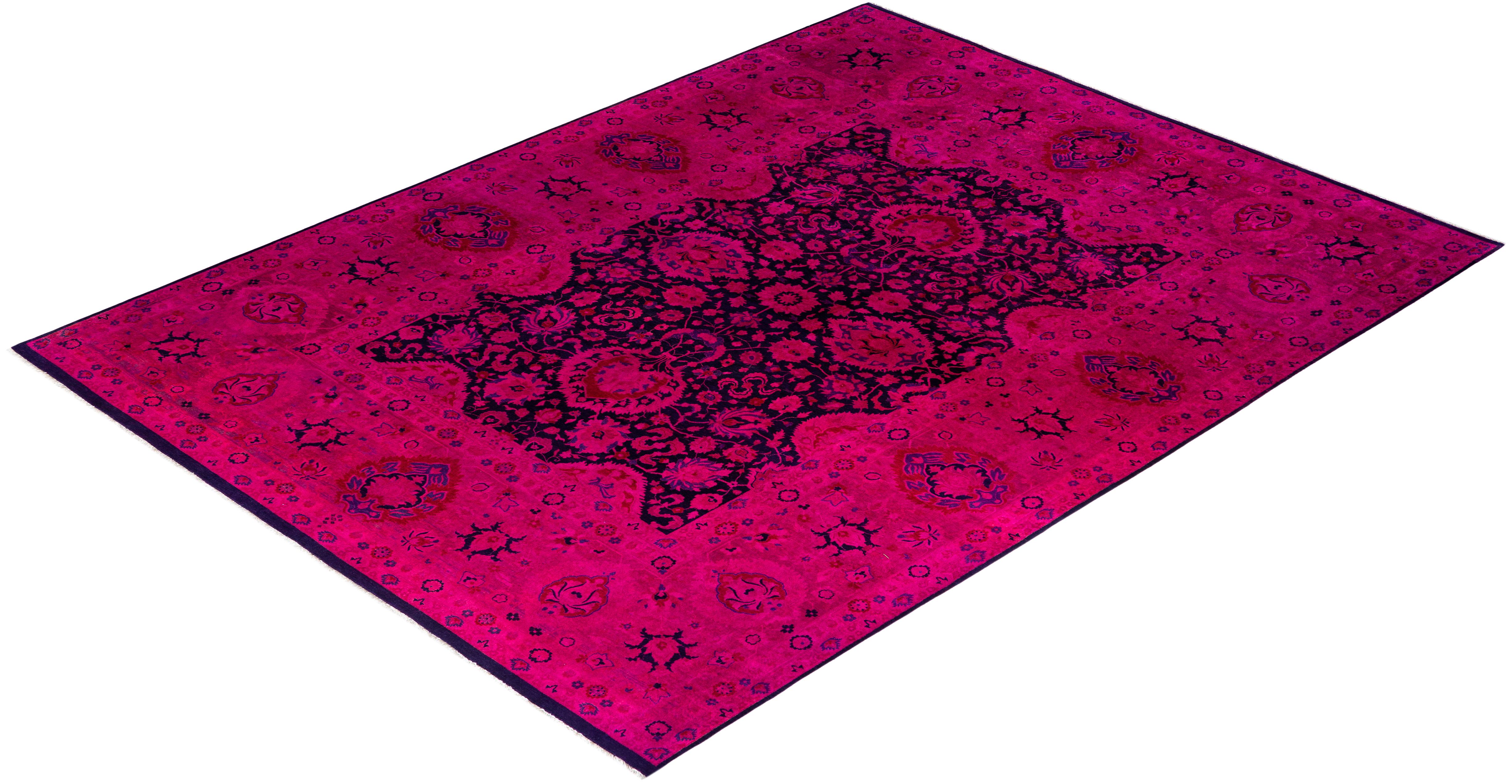 Contemporary Overdyed Hand Knotted Wool Pink Area Rug 9' 1
