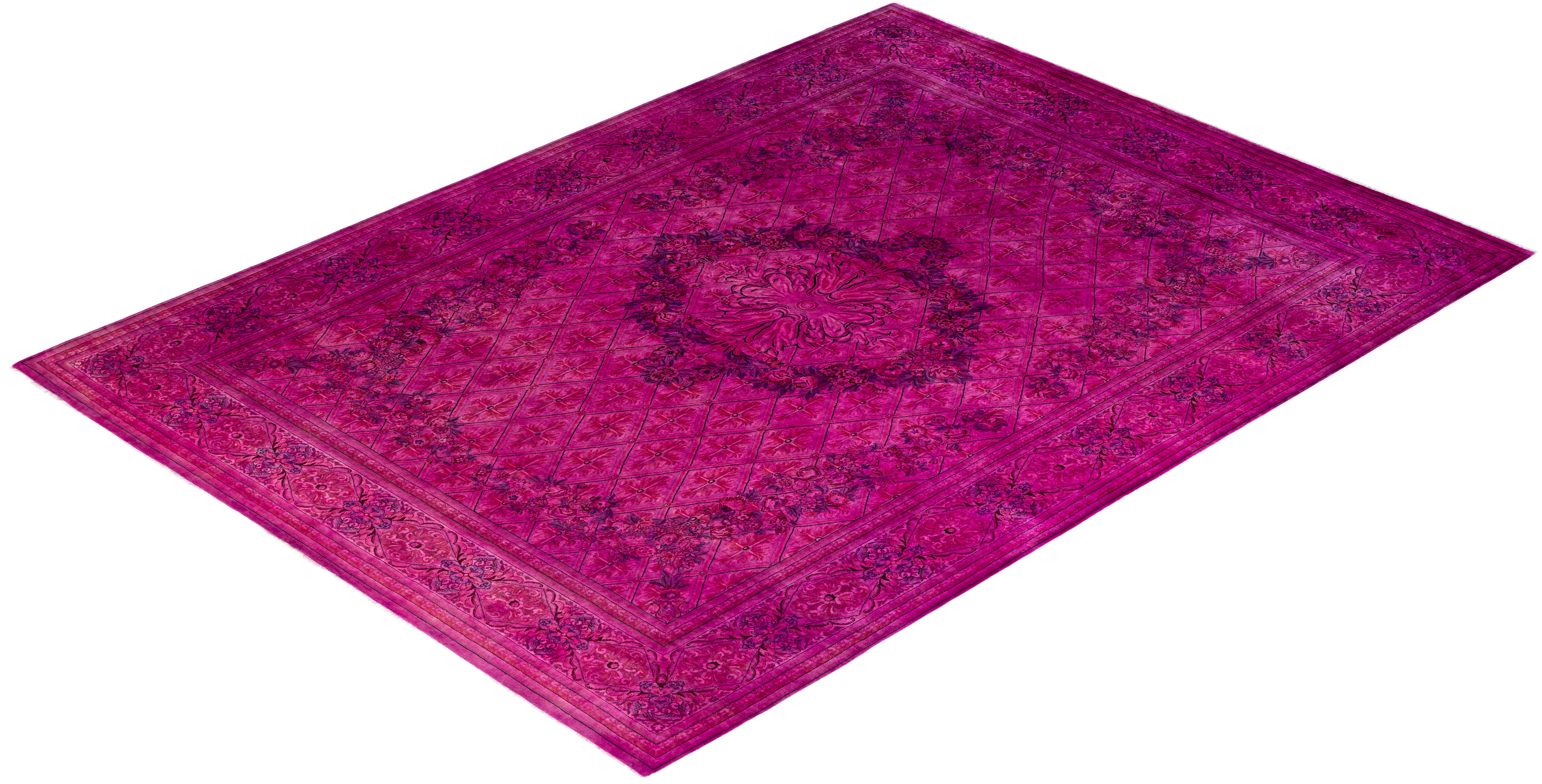 Contemporary Overdyed Hand Knotted Wool Pink Area Rug 9' 1