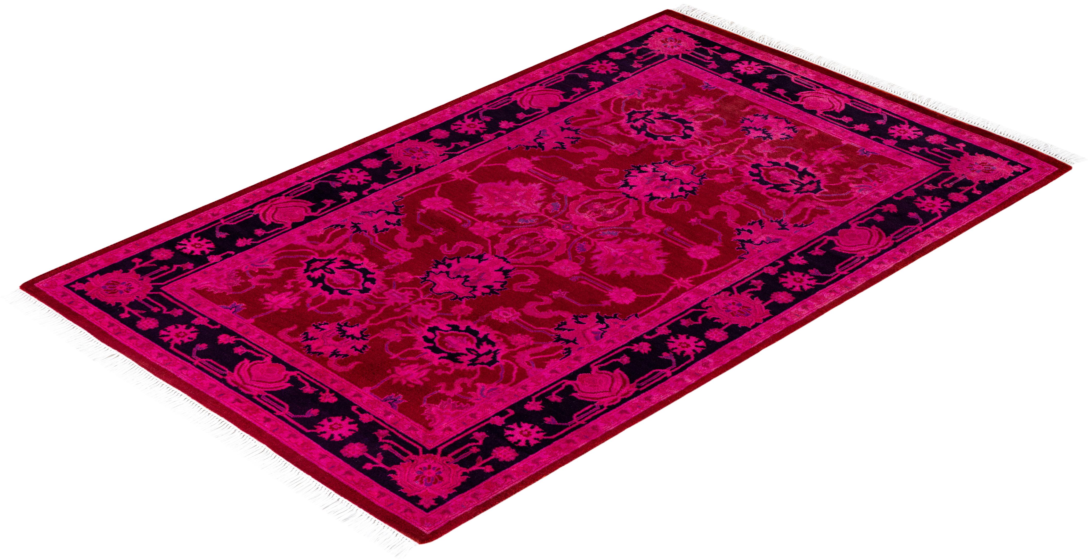 Contemporary Overdyed Hand Knotted Wool Pink Area Rug For Sale 4