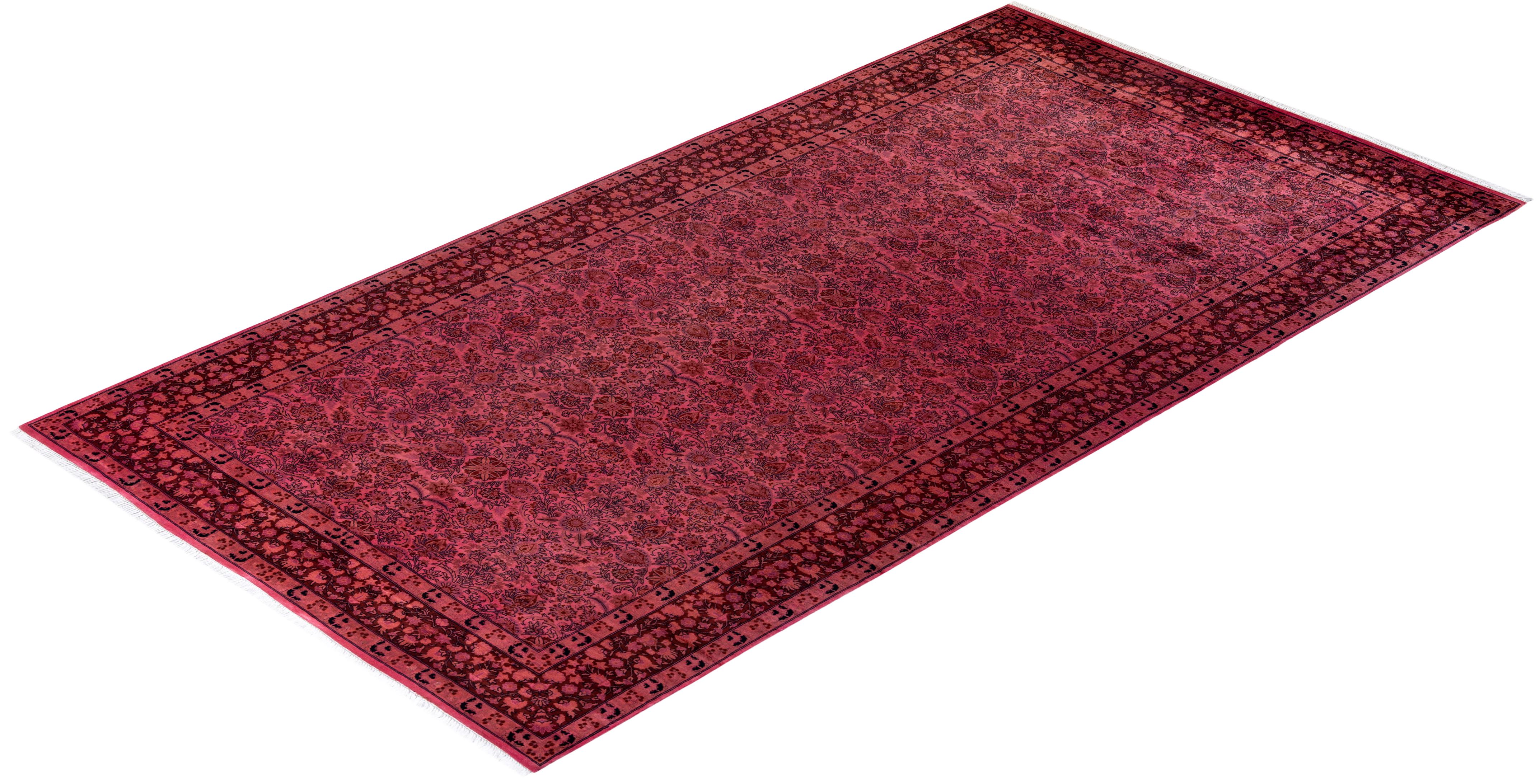 Contemporary Overdyed Hand Knotted Wool Pink Area Rug For Sale 4