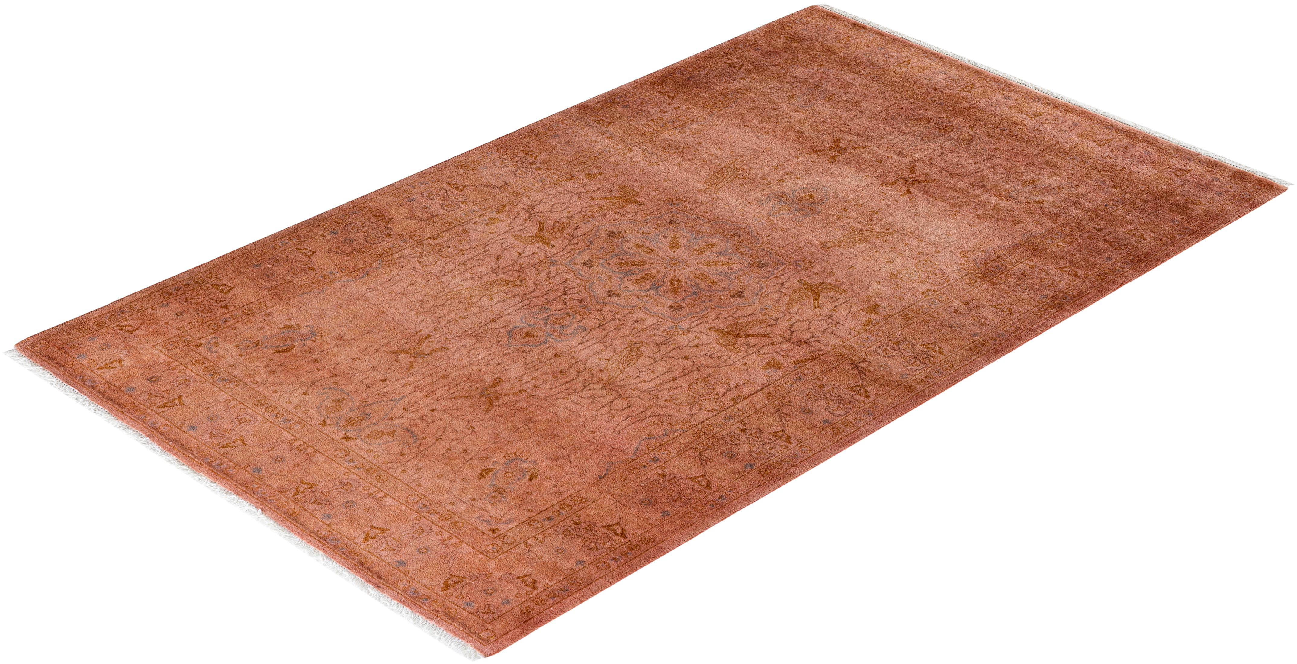 Contemporary Overdyed Hand Knotted Wool Pink Area Rug For Sale 4