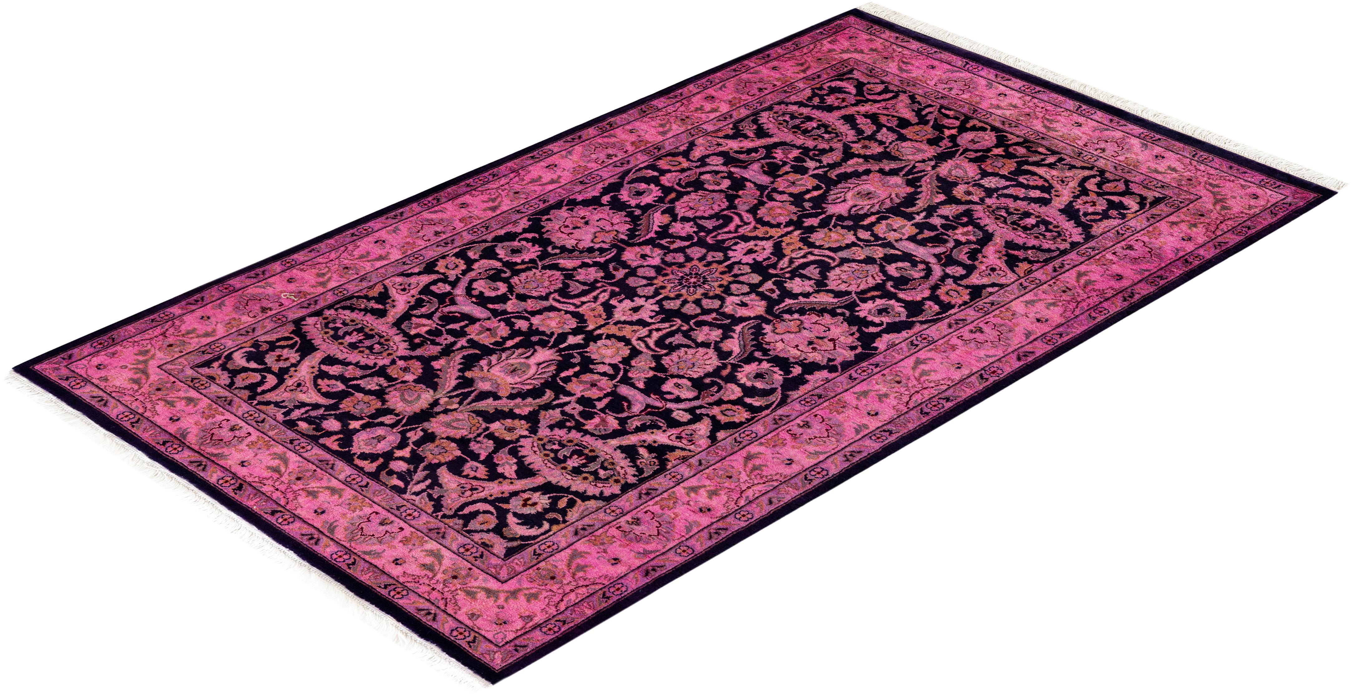 Contemporary Overdyed Hand Knotted Wool Pink Area Rug For Sale 4