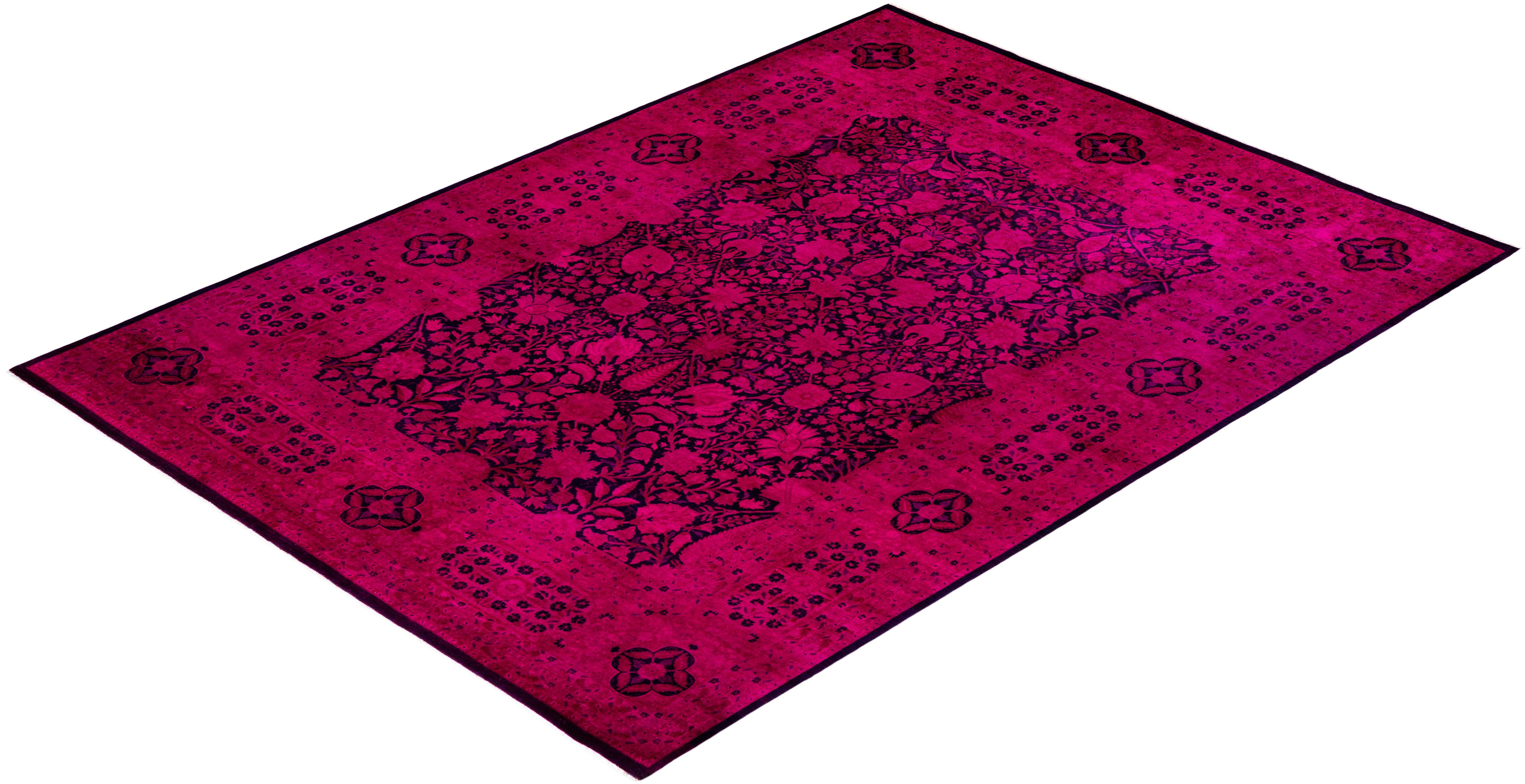 Contemporary Overdyed Hand Knotted Wool Pink Area Rug For Sale 4