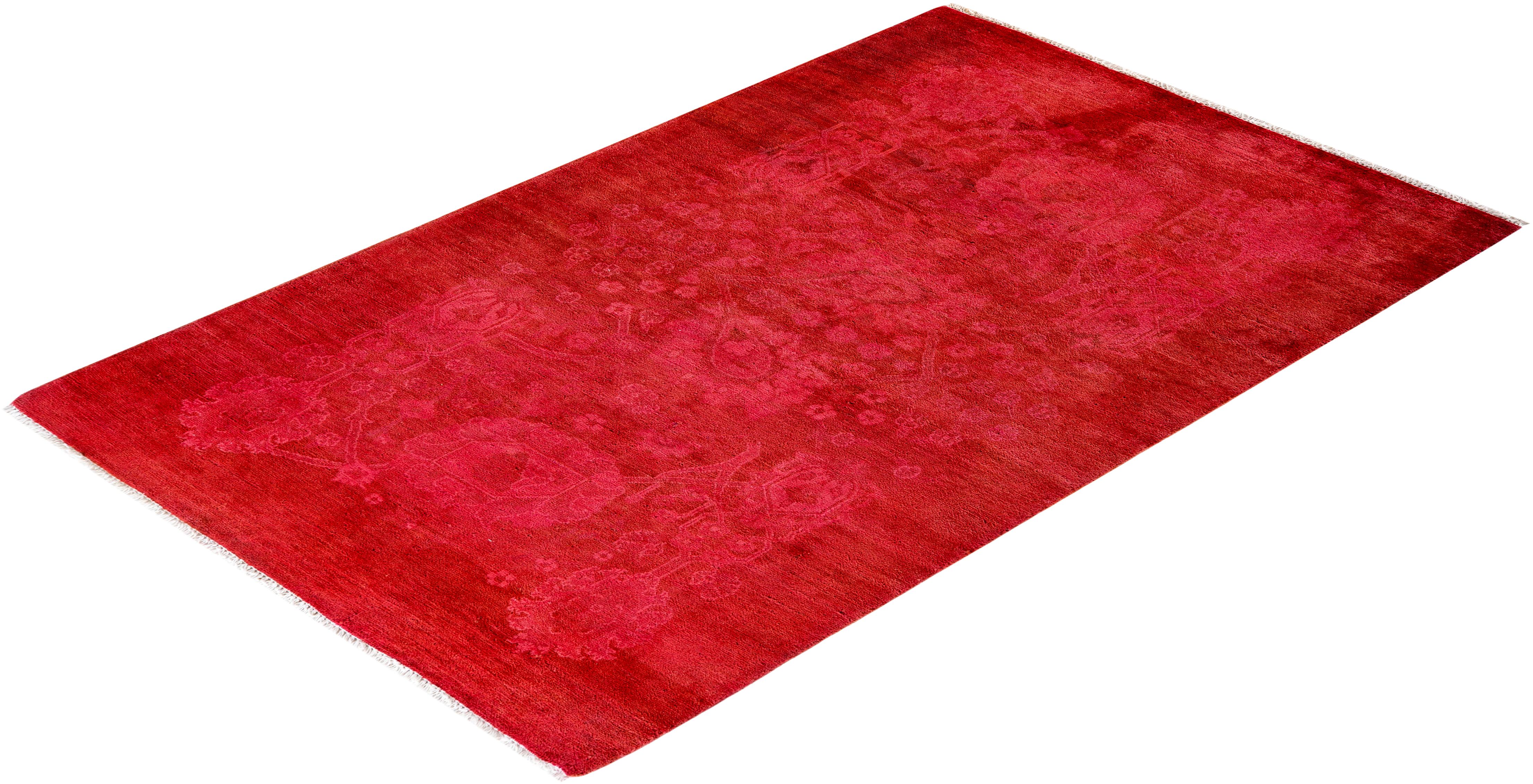 Contemporary Overdyed Hand Knotted Wool Pink Area Rug For Sale 4