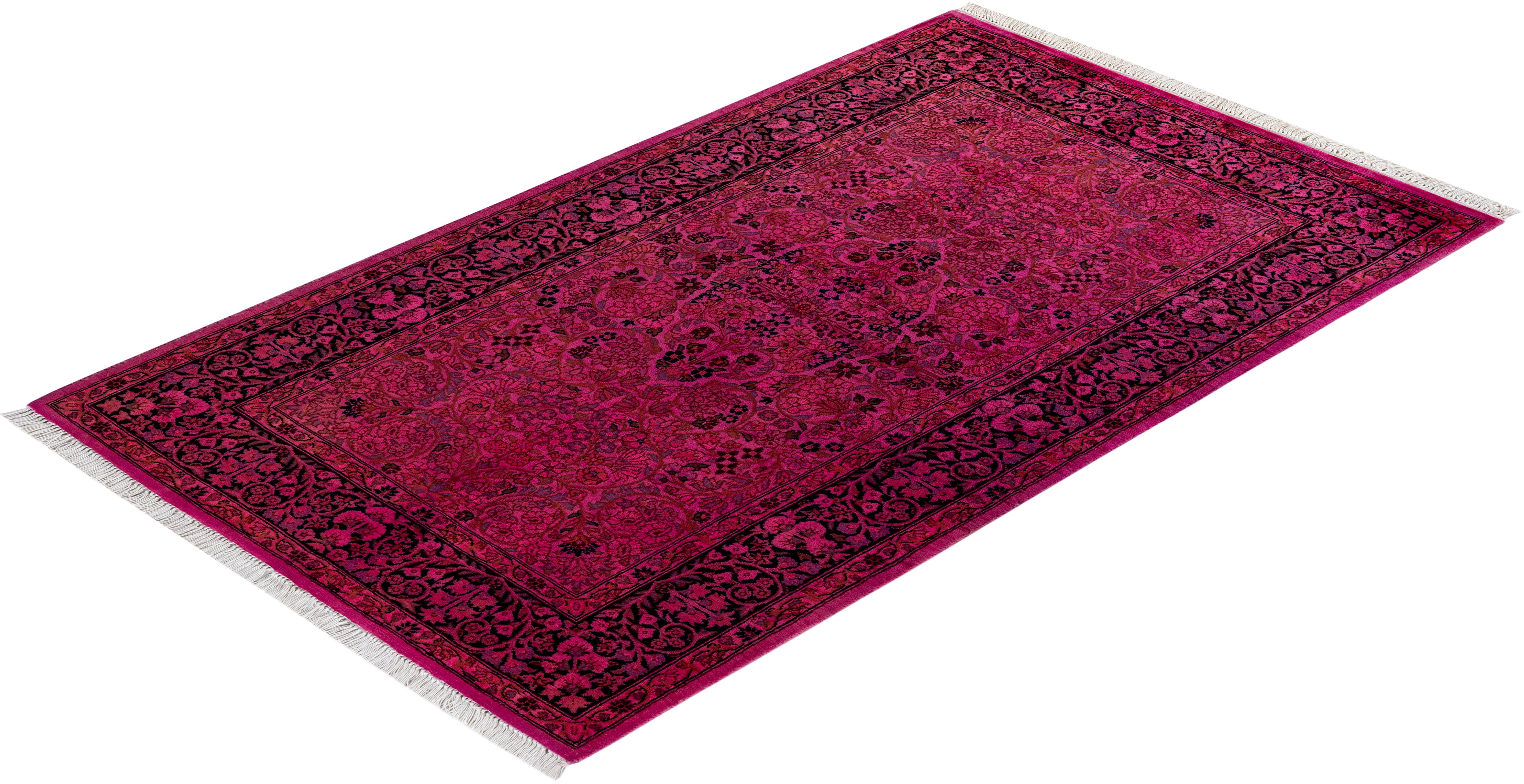 Contemporary Overdyed Hand Knotted Wool Pink Area Rug For Sale 4